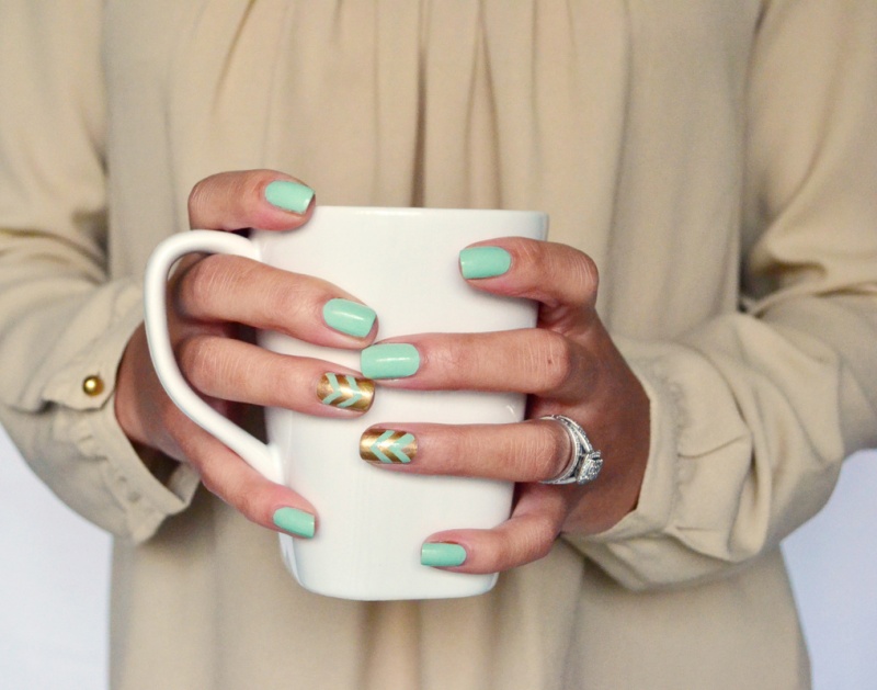 gold and mint chevron nails