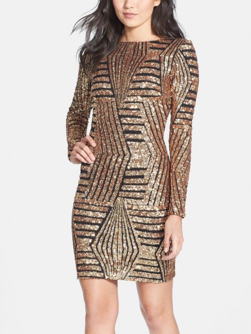 a black and gold sequin over the knee dress with a high neckline, long sleeves is a timeless and cool solution for NYE