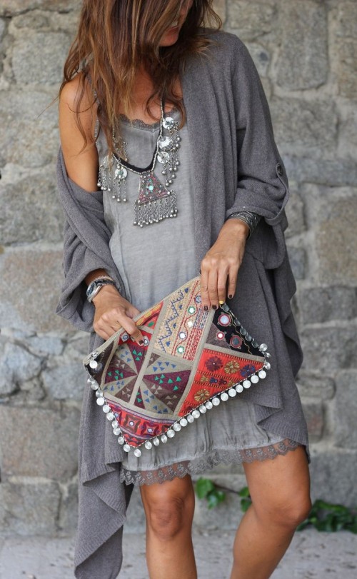 a grey mini dress with a lace edge, a statement necklace and a grey cardigan plus a crazy printed and embroidered boho bag