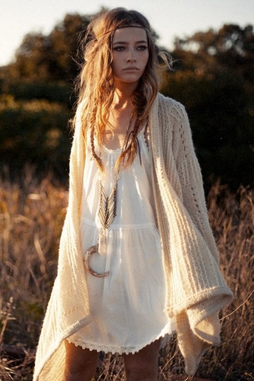 a boho look with a white mini dress with a lace edge, a crochet cardigan, layered necklaces is super cool