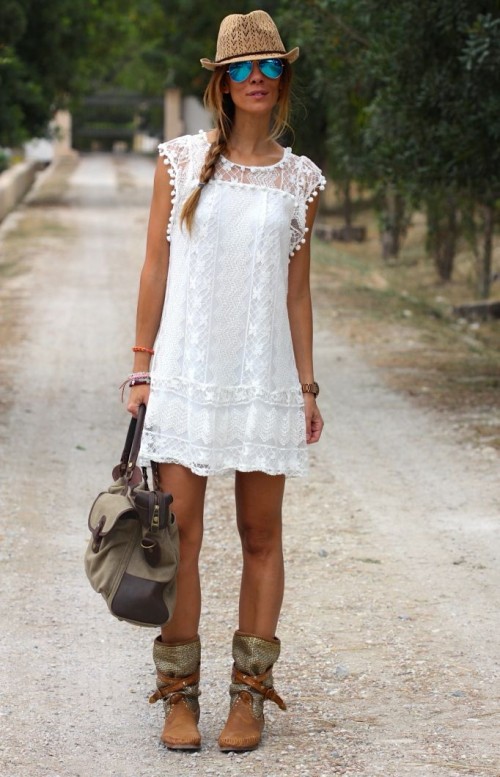 a white lace mini dress, tan booties, a tan hat and a matching bag plus layered accessories is cool