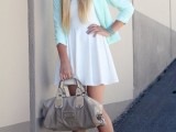 a white A-line mini dress, a mint blazer, mint shoes and a grey bag for a spring or summer work look
