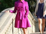 a hot pink double-breasted trench with black buttons is a bold touch of color to your spring looks