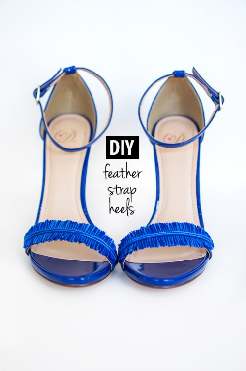 DIY Electric Blue Feather Strap Heels