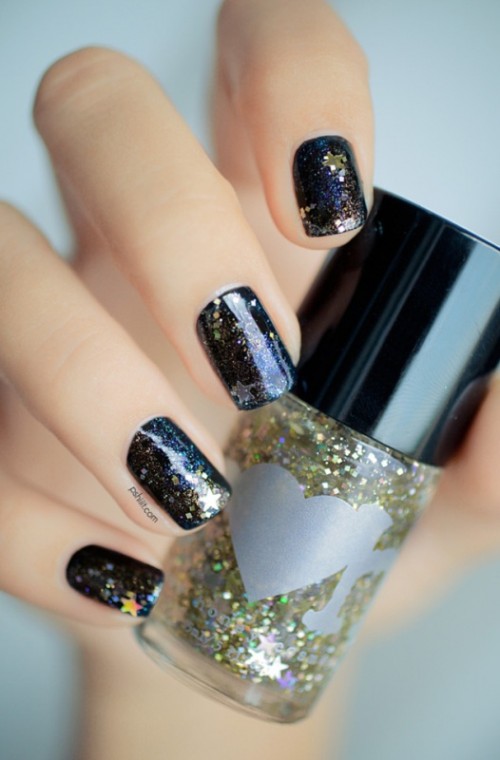DIY Galaxy Inspired Glittery Nails Design