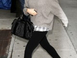 a grey plaid shirt, a grey sweater, black skinnies and an embellished tote for an everyday look in winter