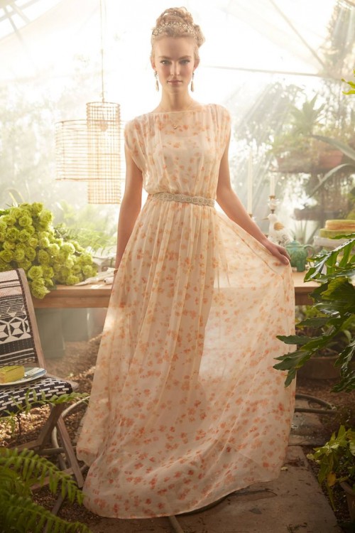 a chiffon floral maxi dress with a high neckline and short sleeves plus an embellished sash for a special occasion