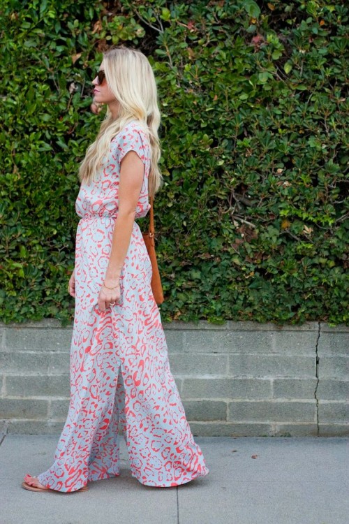 a white and pink leopard print maxi dress, sandals and an orange bag for a bold summer outfit
