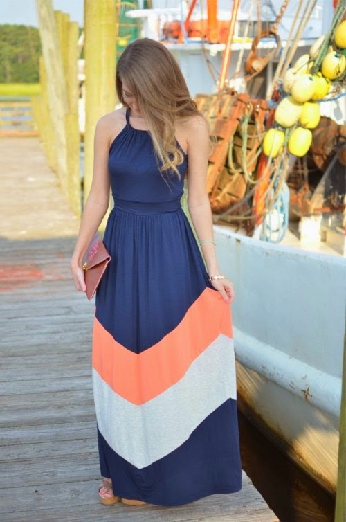 a color block maxi dress in navy, orange and white can be worn for special or usual days
