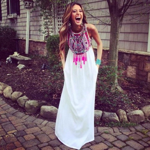 a bright boho embellished and fringe halter neckline maxi dress will help you show off your love to boho