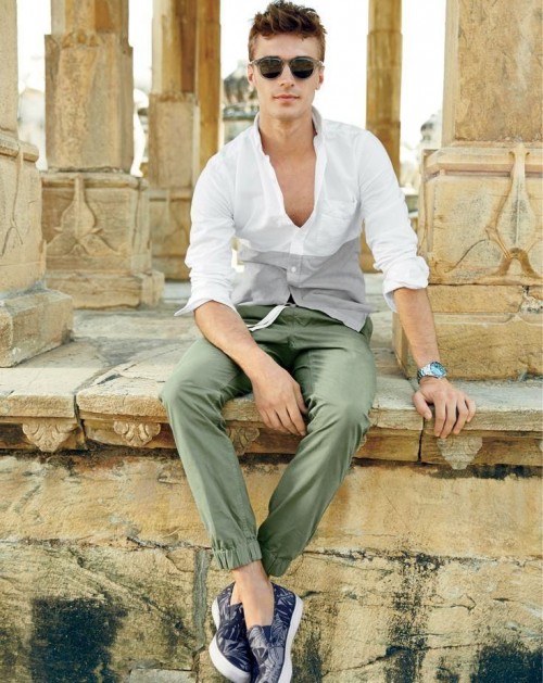 a white long sleeve shirt, khaki pants, printed slipons will make you look nice and relaxed