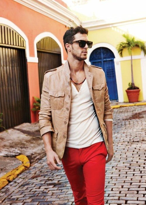 a white tee, red pants, a tan leather jacket for a cool summer to fall look during your vacation