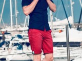 a navy polo shirt, red shorts, bright green moccasins will make you look bright and stylish at the seaside