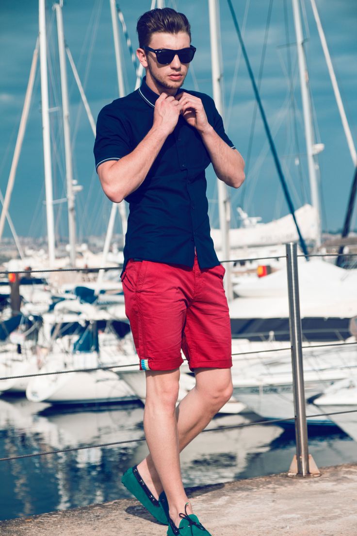 Picture Of a navy polo shirt, red shorts, bright green moccasins will ...