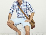 a blue plaid shirt, light blue shorts, tan moccasins and a crossbody bag is a simple and relaxed look