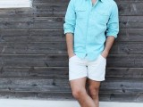 a chambray shirt, white shorts, blue moccasins for a relaxed seaside look
