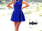 a bold blue A-line mini dress with cap sleeves, catchy shoes and a statement necklace