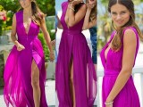 a sleeveless hot pink maxi dress with slits and a plunging neckline is a bold and chic option