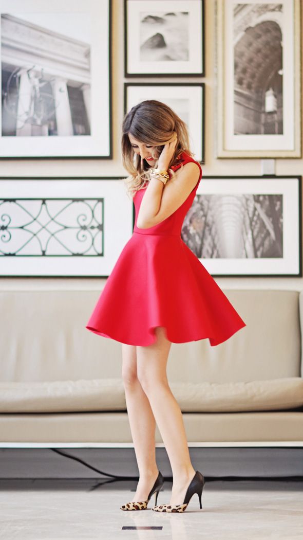 a red mini dress with a flare skirt and leopard shoes for a formal date or some other event