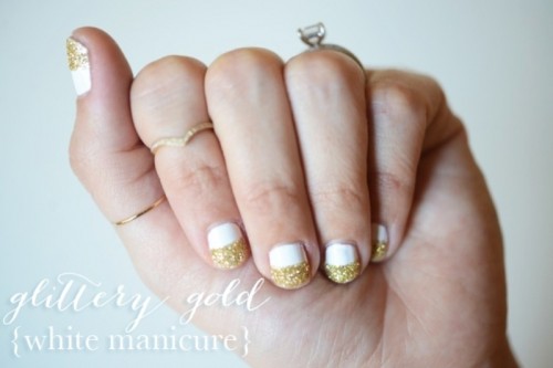 Simple And Pretty DIY Glittery Gold And White Manicure