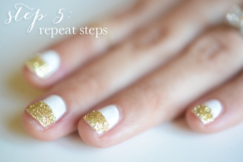 Simple and pretty diy glittery gold and white manicure  7