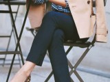 a gingham button down, black skinnies, leopard flats, a tan trench for a preppy work look
