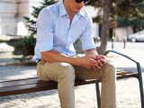 a blue shirt, tan pants, brown moccasins for a simple and casual summer work look