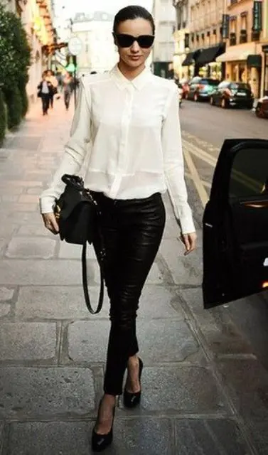 leather pants, a white button down, black shoes and a black bag for a sexy monochrome look