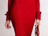 a fitting red wrap dress with long sleeves, a large bag and red shoes for a bold and sexy monochromatic outfit