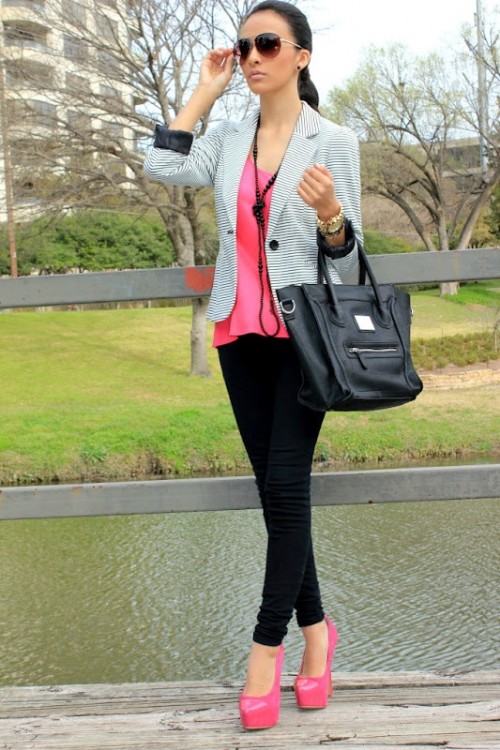 a hot pink top and shoes, black skinnies to show off your legs, a striped blazer and a black bag